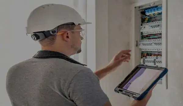 Bedieningspaneel met elektricien, controle en onderhoud elektricien, elektrische installatie, veiligheid, vakmanschap.